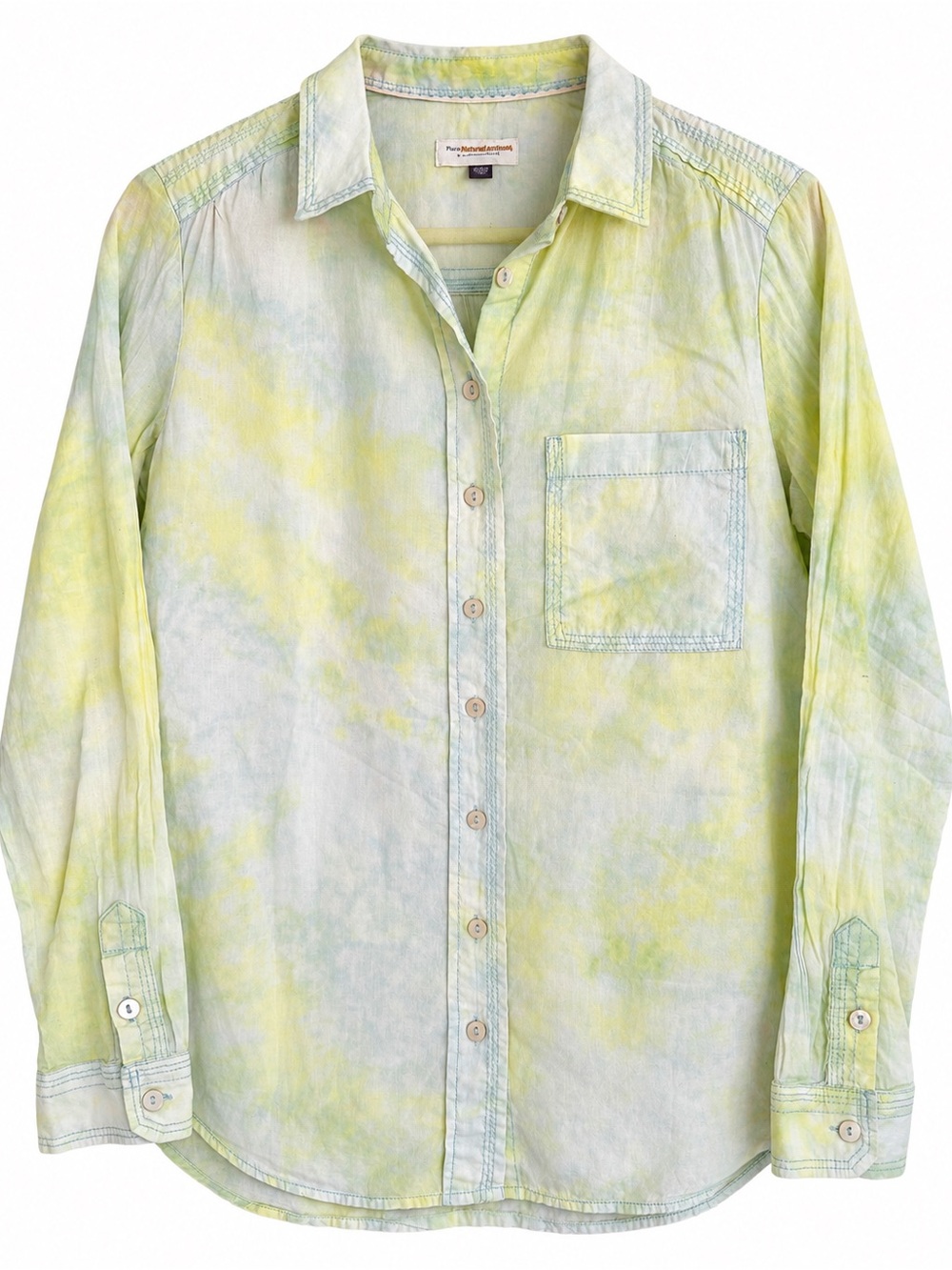 Anthropologie Pilcro The Cate Classic Tie Dye Button Down Shirt Green Yellow S